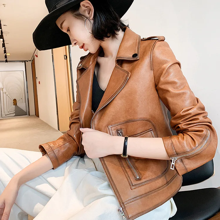 Новая кожаная куртка для женщин на весну и осень короткая мотоциклетная в стиле