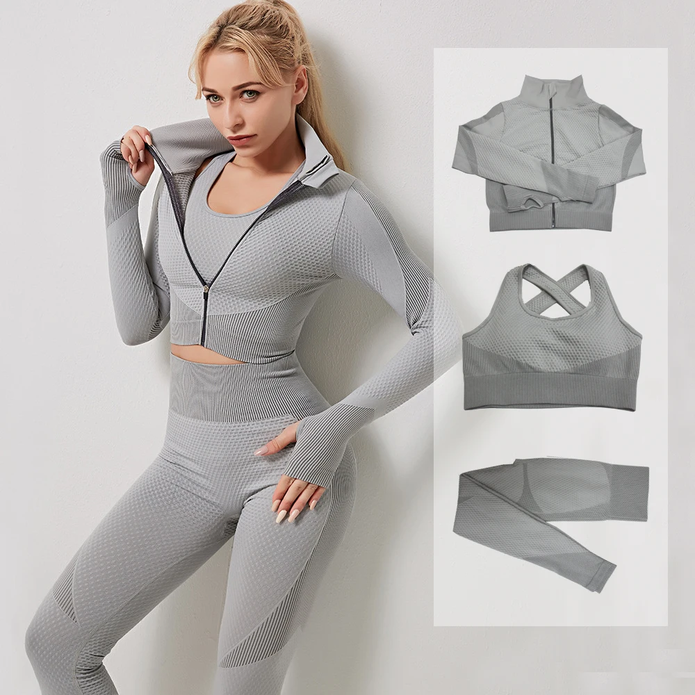 

Women Fitness Sets Sportwear 3pcs Long Sleeve Shirt Pad Bras Legging Seamless Gym Suits Wear Running Clothes Yoga Suits,ZF419