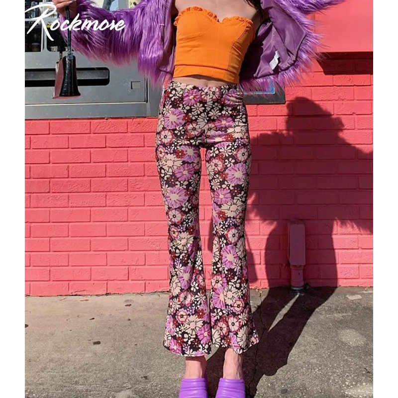 

Rockmore Fashion Flowers Print Flare Pants Women Casual Vintage Y2K Aesthetic Joggers Skinny High Waist Trousers Streetwear 2021