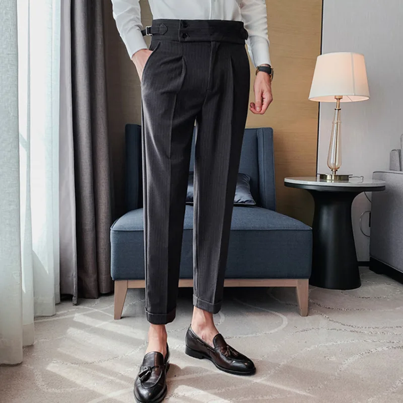 

Модные драпированные мужские костюмные брюки SYUHGFA в британском стиле 2022 с высокой талией, простая деловая формальная одежда, облегающие пол...