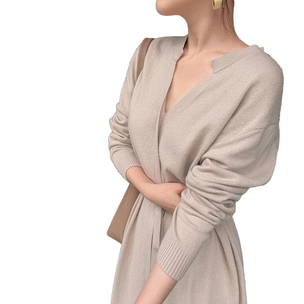 

Autumn New 2021 Japanese Style Korean Fashion Women's Clothing Solid Color Long Sleeve V-neck Casual Simplicity Knit Dress