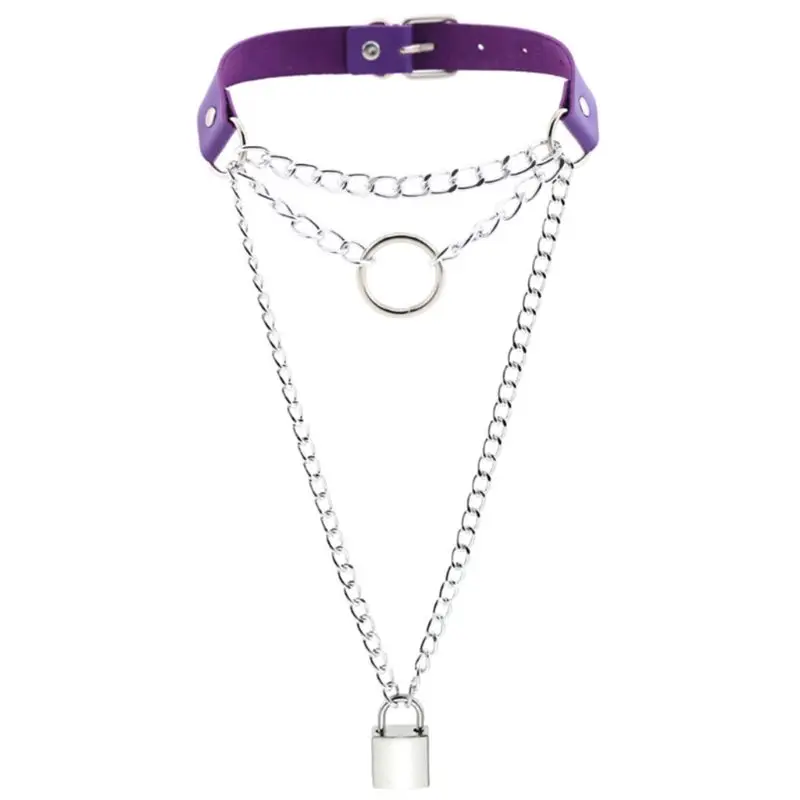 

Women Gothic Punk Faux Leather Choker Chain Padlock Pendant Necklace Harajuku O-Ring Multilayer Jewelry Collar Clubwear