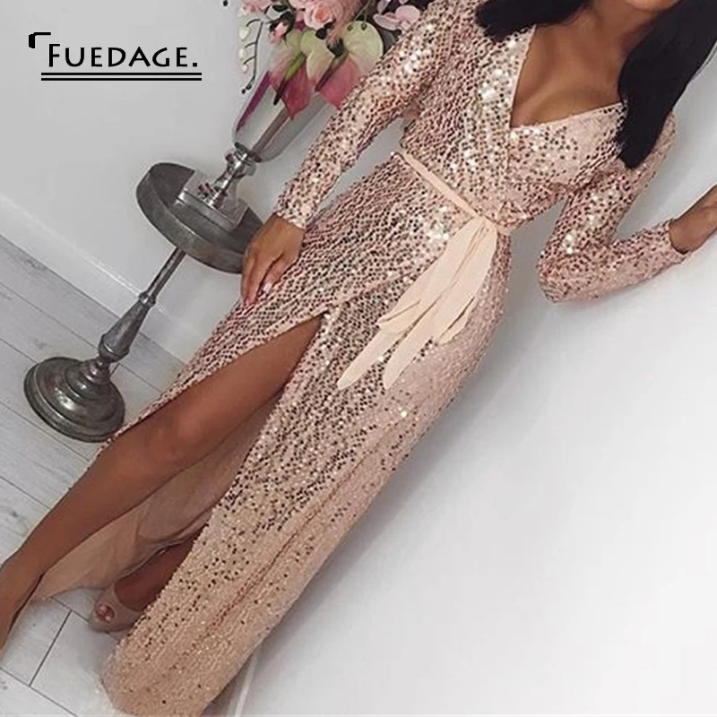 Женское Клубное платье с блестками Fuedage вечернее v-образным вырезом и высоким