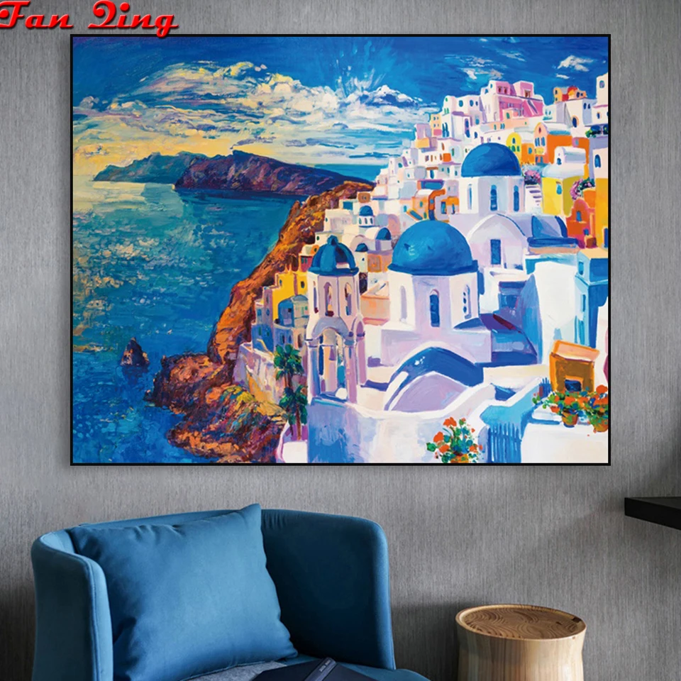 5D DIY Diamond Painting Abstract Greek Blue Santorini landscape  Full Square Resin Diamond Embroidery Mosaic Cross Stitch  Gift