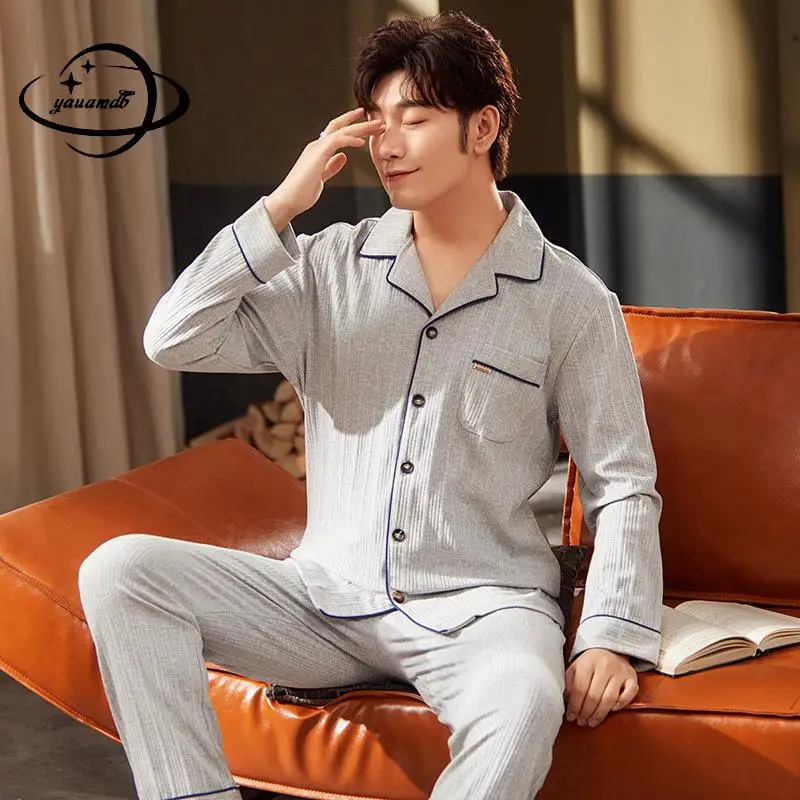 L-3xl Mens Pajama Sets Spring Autumn Male Sleepwear Suits Coat+Pants 2pcs Turn-Down Collar Long Sleeve Home Wear Clothes Hy54