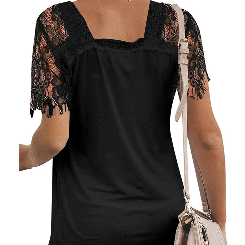 

Lace Patchwork Short Sleeve Deep V Neck Solid Color Women T Shirt Loose Casual Elegant Streetwear Female Tops