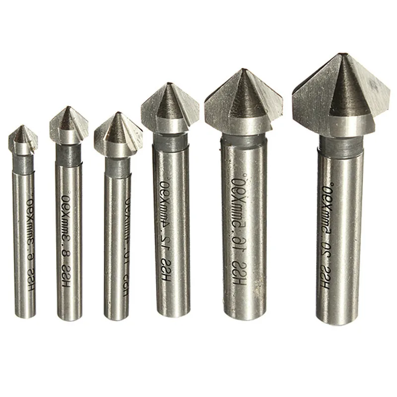 

Round shank 6pcs 3 Flute 90 Degree HSS Chamfer Chamfering Cutter End Mill Tool Countersink Drill Bit Set 6.3-20.5MM