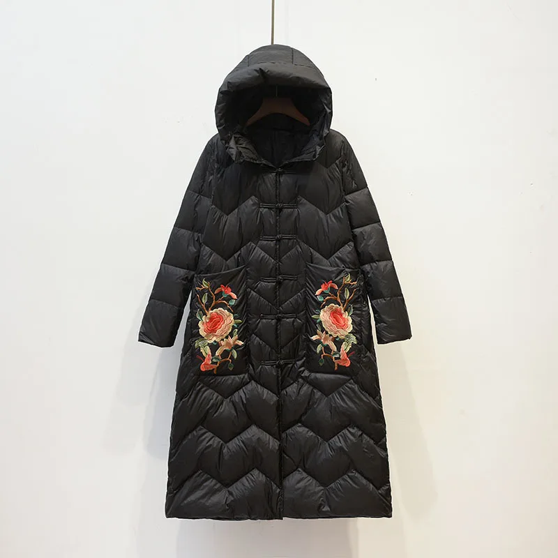 Винтажный женский пуховик зимнее пальто на белом утином пуху с капюшоном теплая