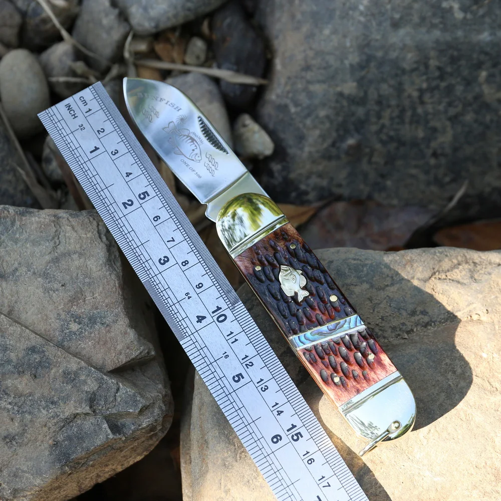 4116 Стальное зеркальное лезвие складного ножа Sunfish с костяной рукояткой, покрытой кожей + латунная рукоятка для активного отдыха, охоты и кемпинга - набор ножей для использования в повседневных целях.