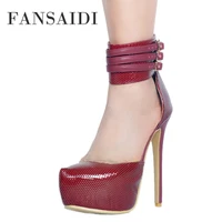 fansaidi summer fashion womens shoes elegant consice burgundy waterproof shoes new narrow band sexy sandales 44 45 46 47
