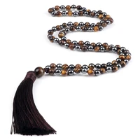 fashion men natural stone mala prayer necklace 6mm tiger eye hematite stone 108 beads tassel necklace charm yoga jewelry gifts