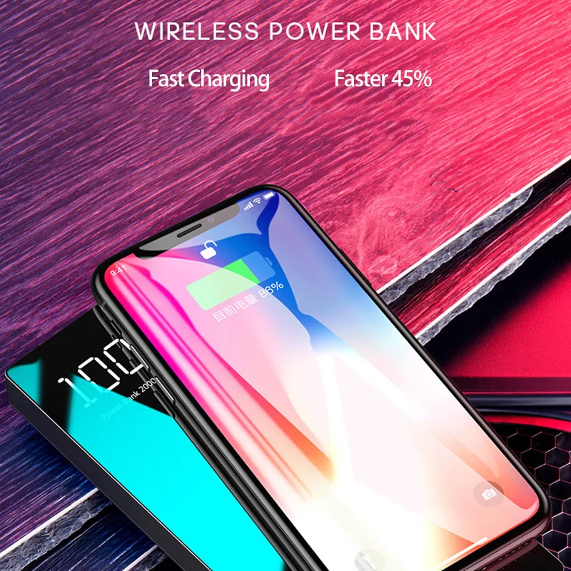QI Беспроводное зарядное устройство зеркало power Bank светодиодный дисплей 20000 мАч Внешний аккумулятор для iPhone 8 XS MAX samsung Xiaomi huawei