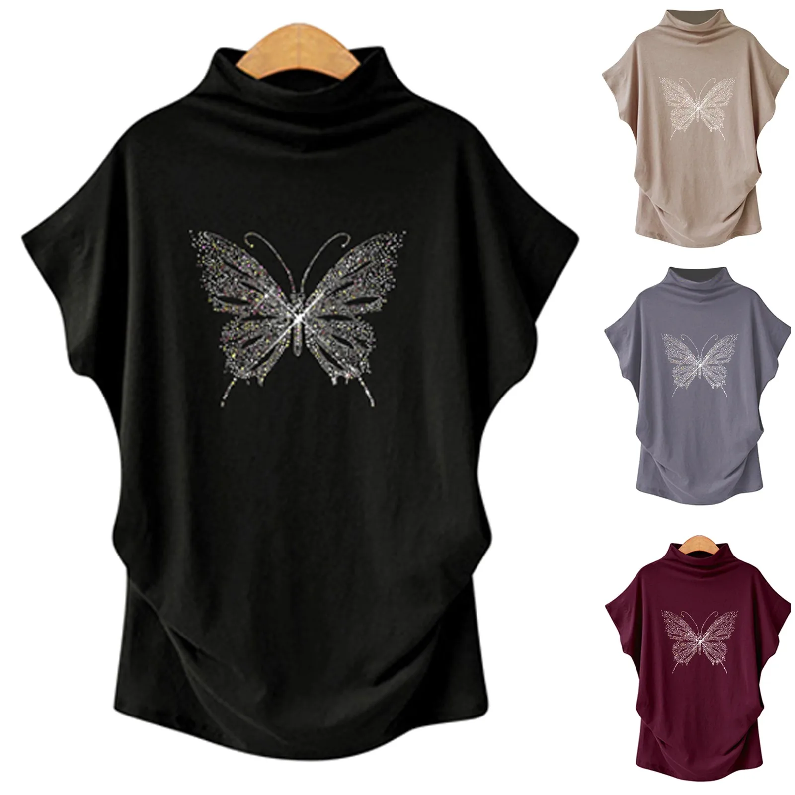 

Модная блузка с принтом бабочки, рубашка, свободные топы с высоким воротником, Летние повседневные женские топы, женские блузы с коротким ру...