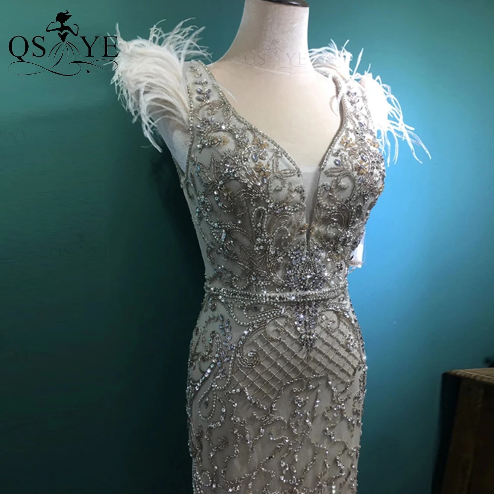 QSYYE High Quality Mermaid Prom Dresses Feathers Cap Sleeves and Bottom Glitter Silver Beadings Luxury Party Dress Long Shiny