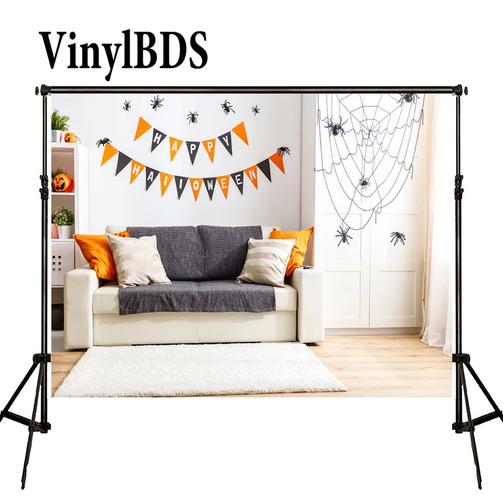 

VinylBDS Family Hollowen Photography Backdrops Spider Web White Wall Children Background Wooden Floor Backdrop for Photo Studio
