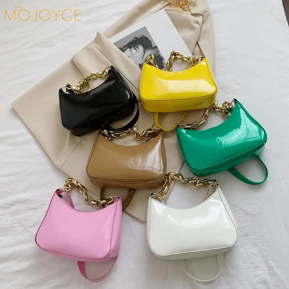 

Fashion Women Patent PU Leather Pure Color Shoulder Underarm Bag Casual Ladies Thick Chain Small Hobos Handbag Purse