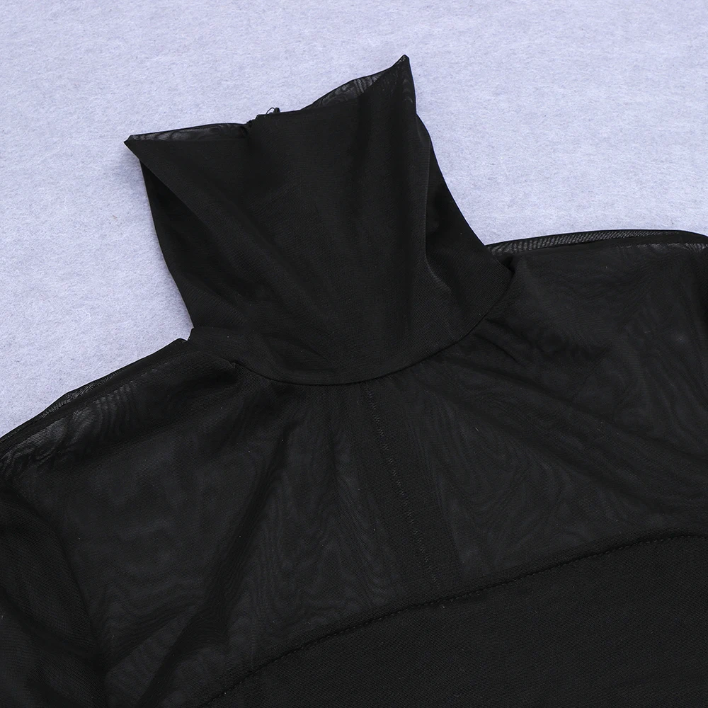 

2020 New Fashion Women Sexy Black Turtleneck Long Sleeve Mesh Bodycon Bandage Elegant Ladies Designer Party Dress Wholesale
