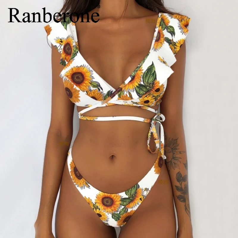 Ranberone 2020 New Sexy Ruffle Women Bukini Backless Swimwear Vintage Bikini Set Push Up Bathing Suit Summer Floral Beachwear