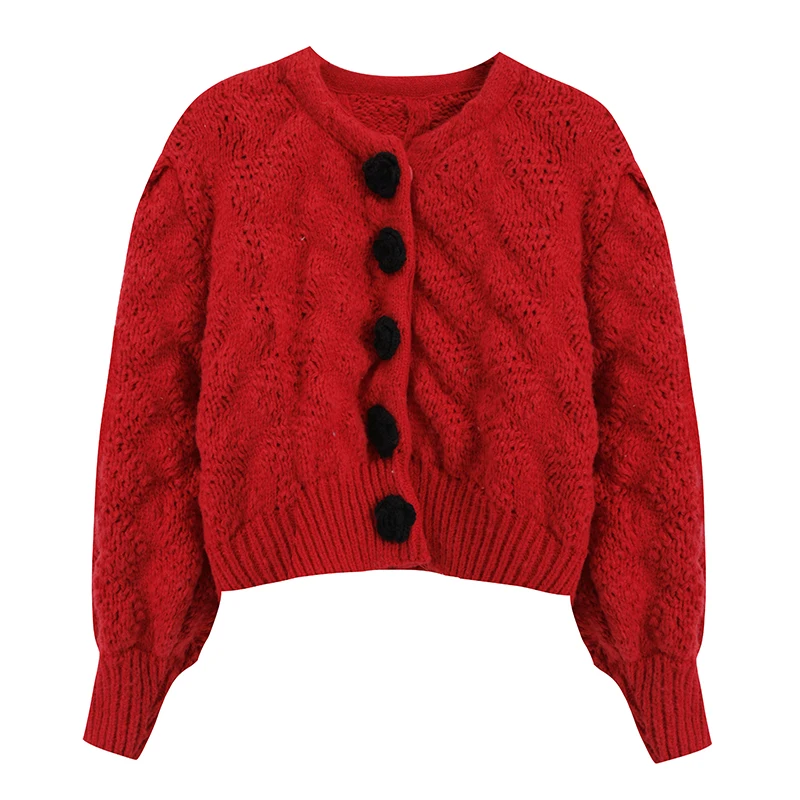 

ZCSMLL Red sweater coat women's cardigan autumn and winter loose wear thickened 2021 new flower Short Knitwear