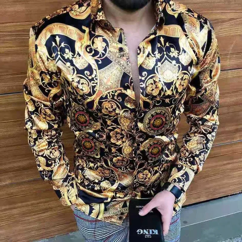 

Luxury Royal Golden Men's Casual Long Sleeve Shirt Men Paisley Print Shirt Camisa Social Masculina Manga Longa Prom Party Shirt