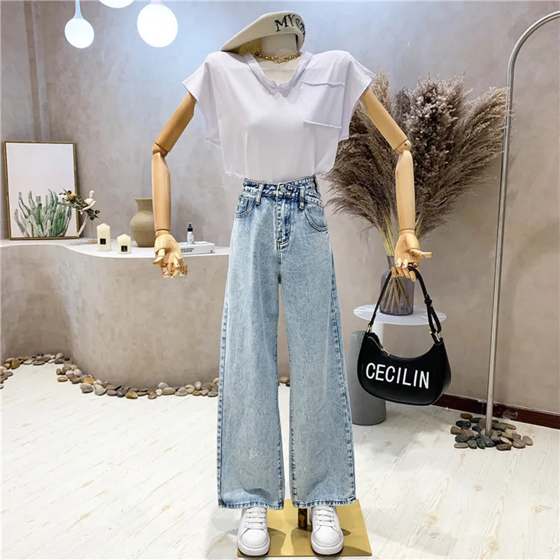 

New Women's Clothing Summer 2021 Fashion Retro High waisted wide leg straight leg pants jeans