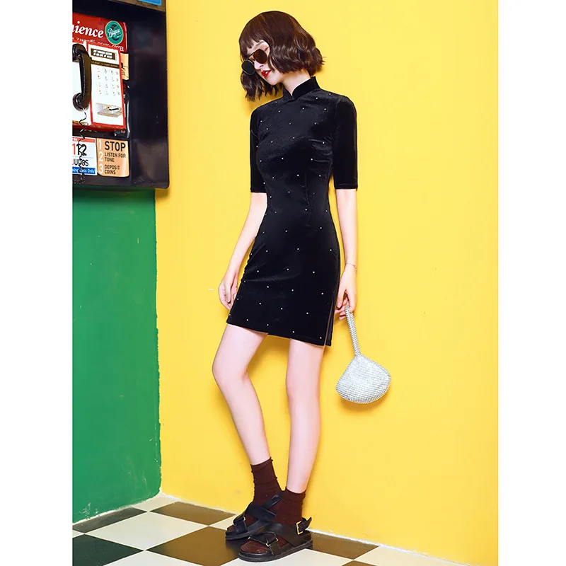 

Black gold velvet cheongsam long sleeve girl improved winter thick dress autumn winter small short qipao dress modern