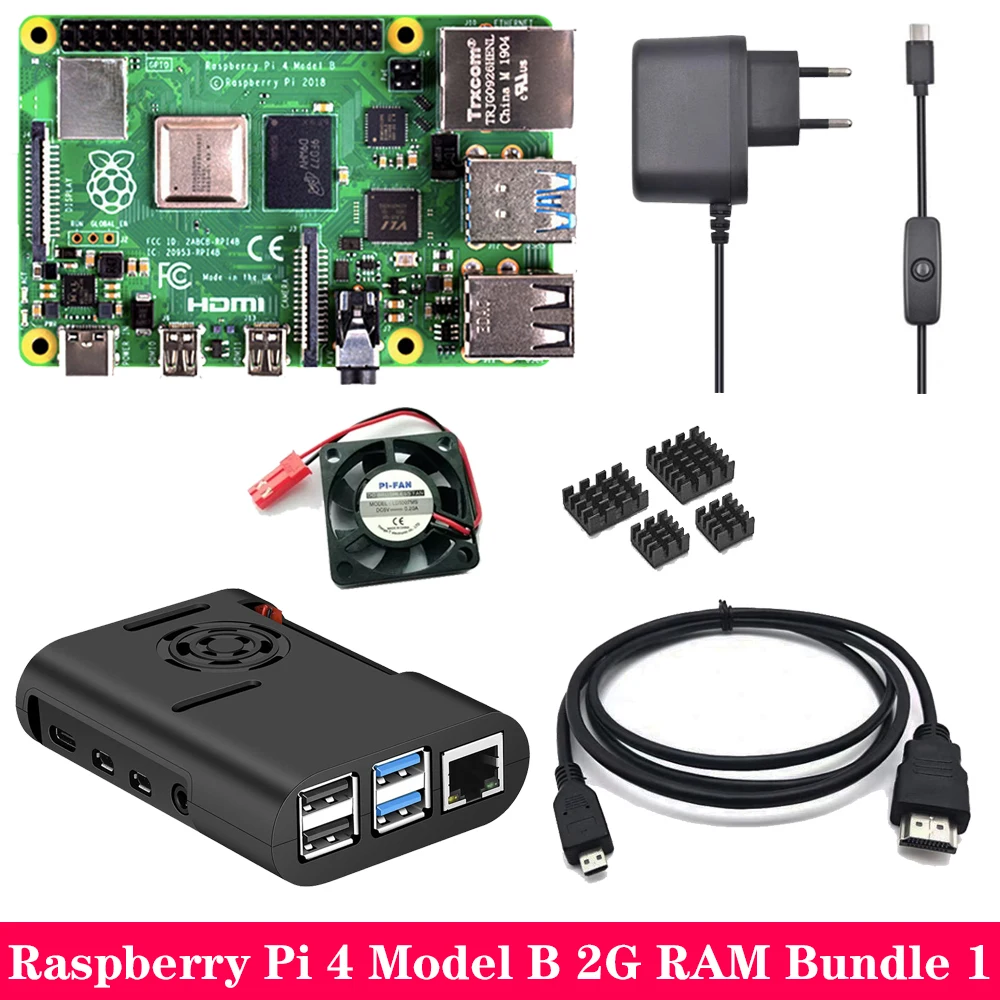 Комплект 1 Raspberry Pi 4 Модель B 2G 4G ram+ ABS чехол+ вентилятор охлаждения+ блок питания зарядное устройство+ алюминиевый радиатор для Raspberry Pi 4 Модель B - Комплект: Комплект 1