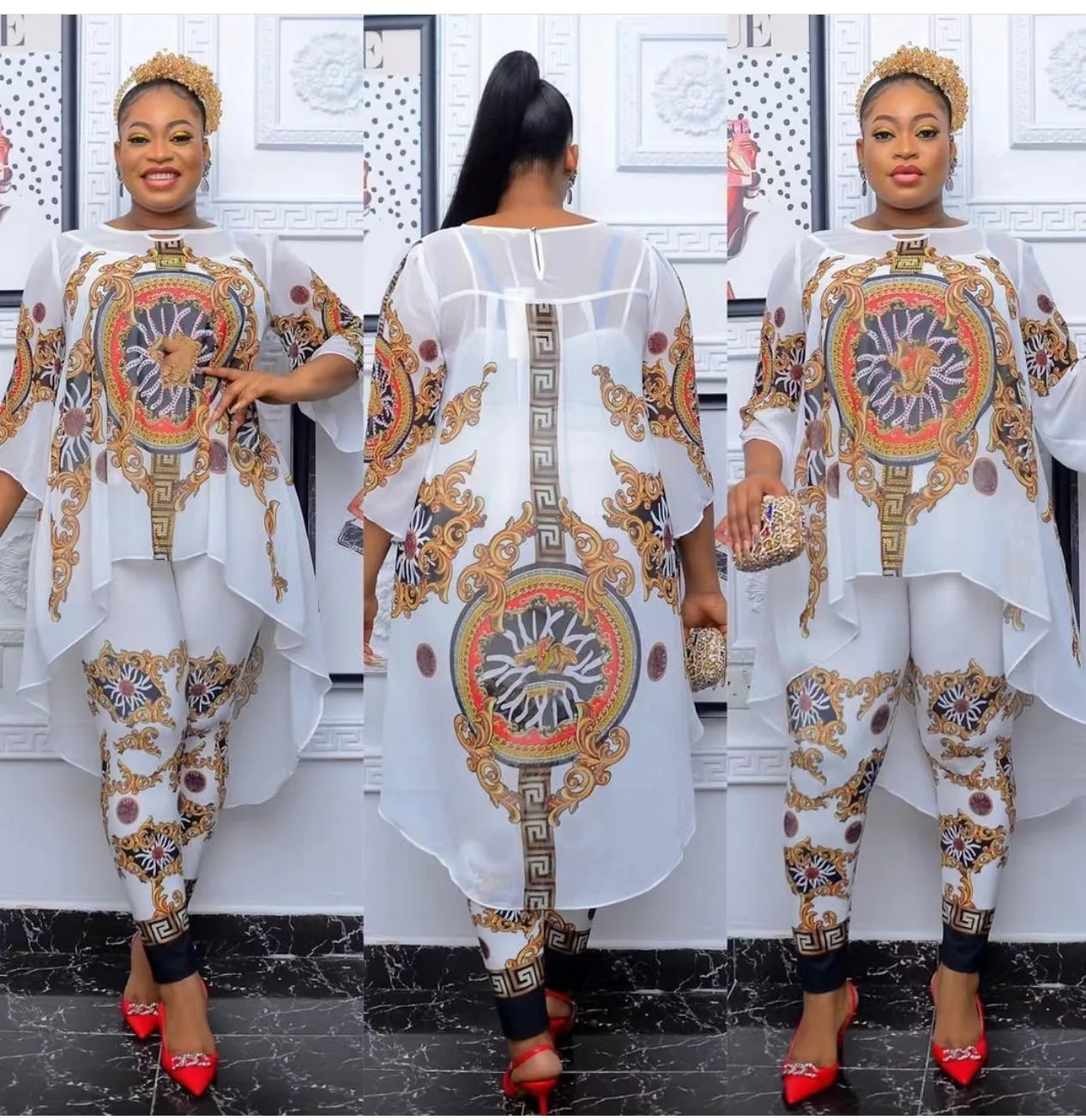 Русский: Набор из 2 предметов африканской одежды «Дашики» нового стиля: свободная топ-блуза и брюки с резинкой для женщин (FSZ1#)