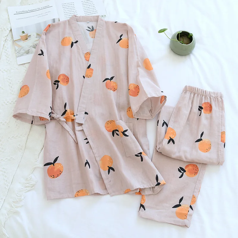 

Women Summer Thin Kimono Pajamas 100% Cotton Gauze Loungewear V-Neck Three Quarter Sleepwear Two Piece Pijamas Set Home Clothes