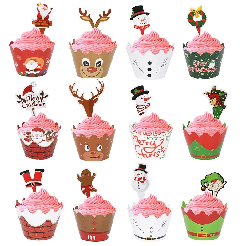 

24pcs Christmas Cupcake Wrapper Santa Claus Snowman Xmas Tree Cake Toppers Navidad Christmas New Year 2022 Cake Decoration Tools