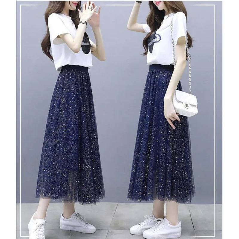 Женский комплект 2 шт. блестящая сетчатая юбка + футболка с рисунком планеты