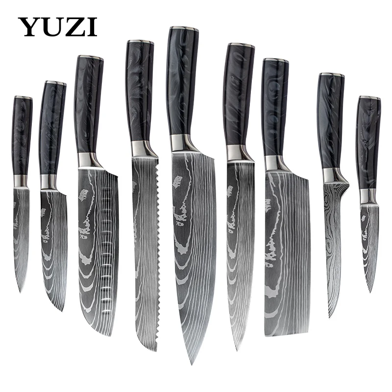 

Набор кухонных ножей 1-9 шт., набор резцов шеф-повара, острый японский нож сантоку, Мясницкий резак, лазерный дамасский шаблон