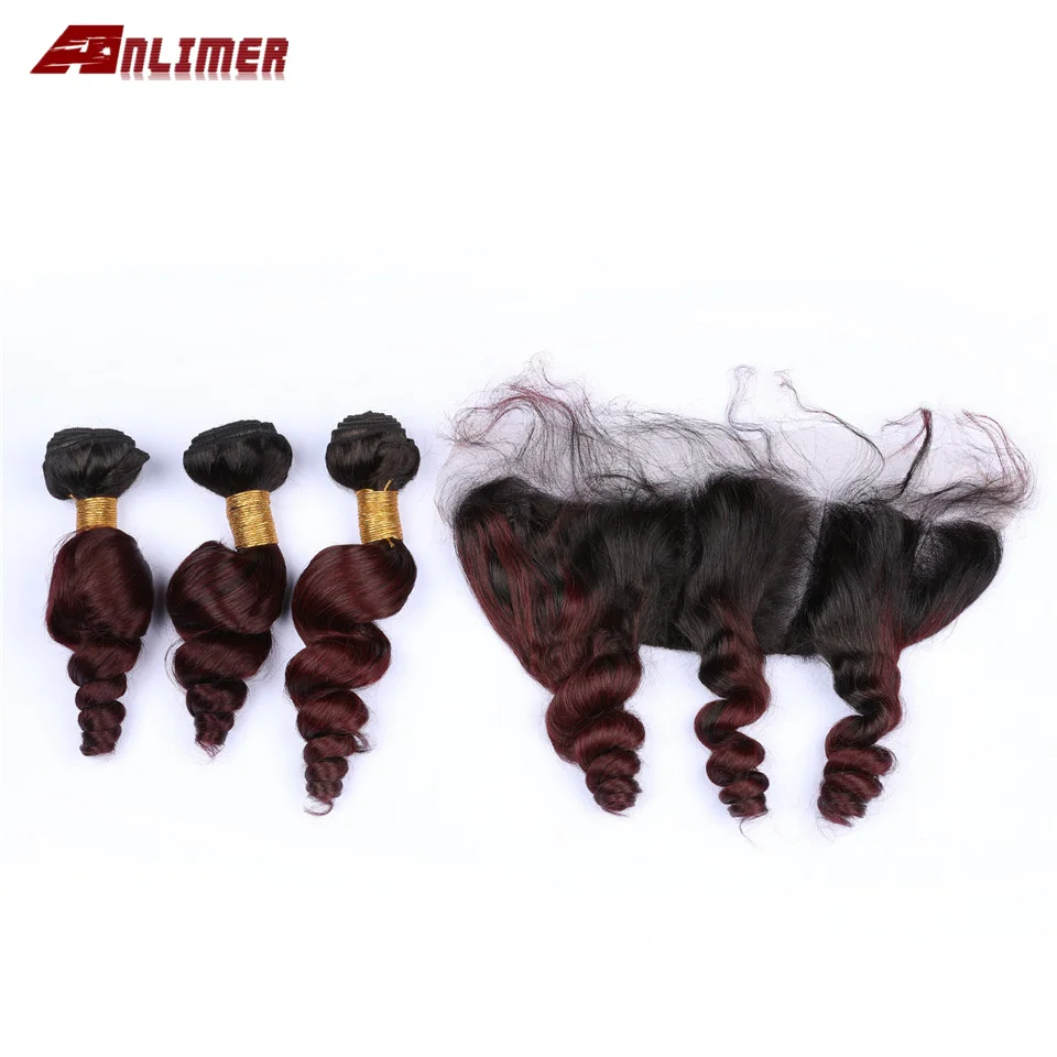 Anlimer 1B/99J Burgundy Bundles with Frontal 13*4 Peruvian Wave Human Hair Ombre 99J Non-Remy | Шиньоны и парики