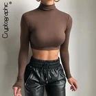 Cryptographic шикарная модная Водолазка с длинным рукавом короткий женский топ однотонные базовые футболки сексуальный топ укороченная уличная одежда