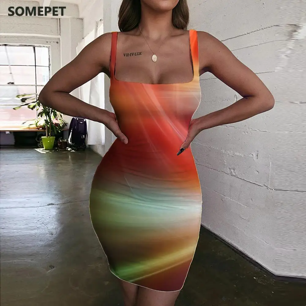 

SOMEPET Psychedelic Dress Women Colorful Halter Sleeveless Abstract Sundress Graphics Ladies Dresses Womens Clothing Summer