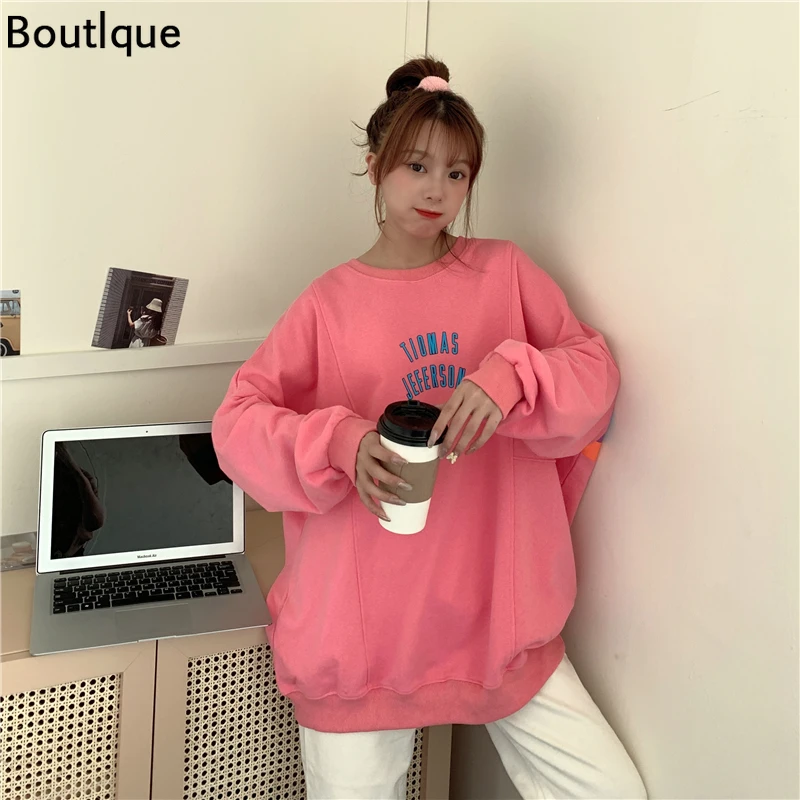 

Rainbow Letter Print Winter Black Sweatshirt Women Loose Fleece Oversized Hoodies Female Pullovers Cool Streetwear
