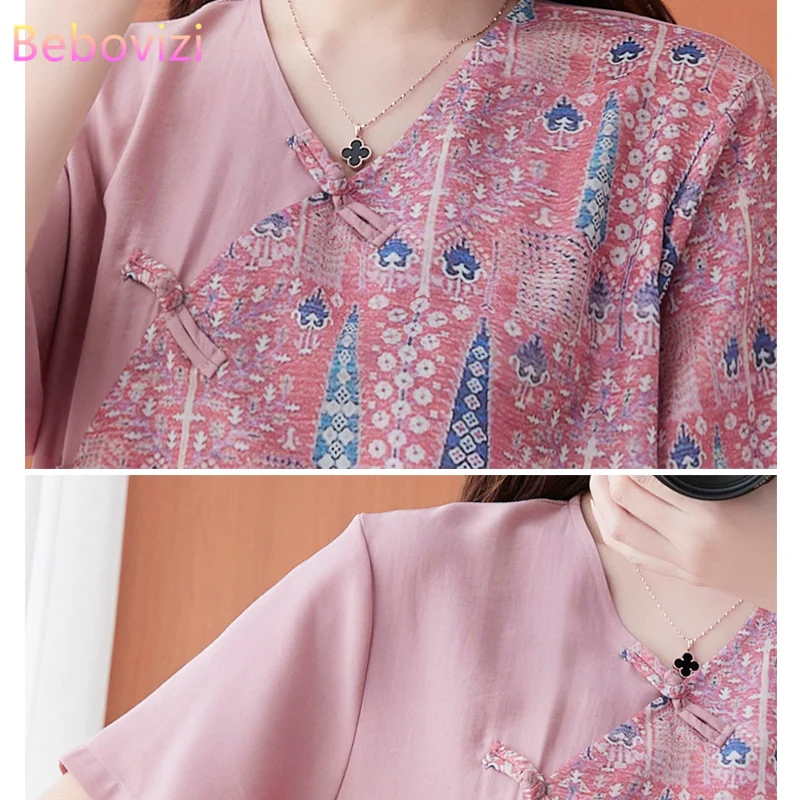 

2021 New Ins Cotton Linen Chinese Style Shirt for Women Pink Hanfu Embroidery Retro Summer Loose Han Fu Traditional Blouse Top