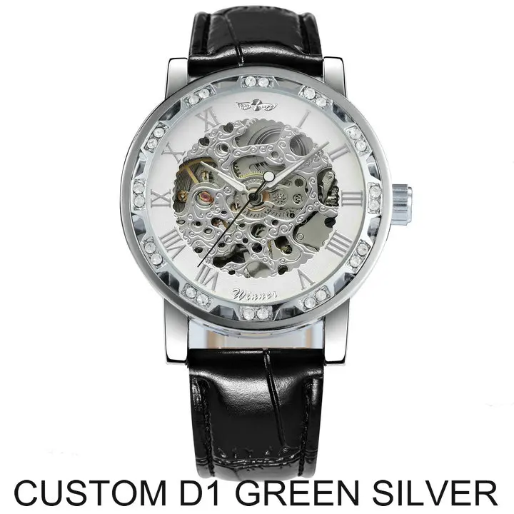 D1 GREEN SILVER WINNER официальный бренд роскошные часы мужские Скелет механические часы Кристалл Iced Out Кожаный ремешок наручные часы подарок для влюбленных - Цвет: D1 GREEN SILVER