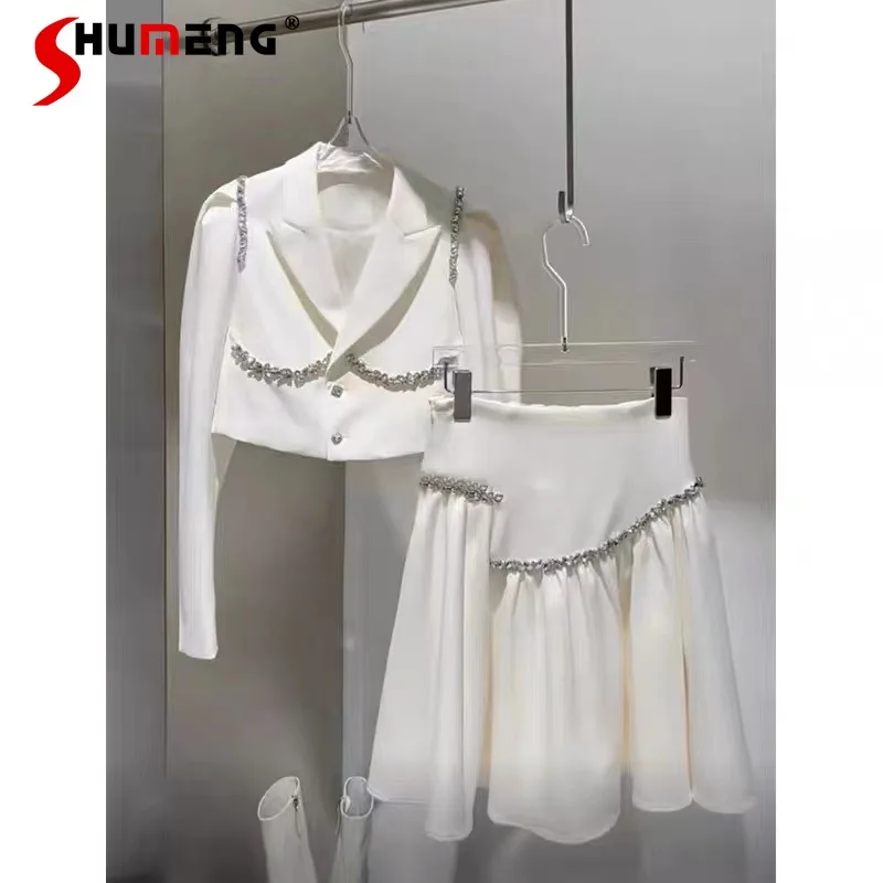 

2021 Early Autumn New Elegant Long Sleeve Rhinestone Suit Blazer for Women Diamonds Commute Pleated Mid Skirt Suit Two-Piece Set