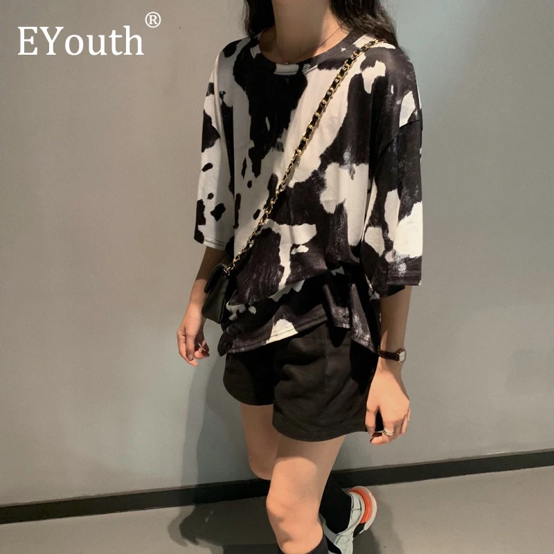 Женская футболка с принтом коровы контрастная свободная коротким рукавом топы