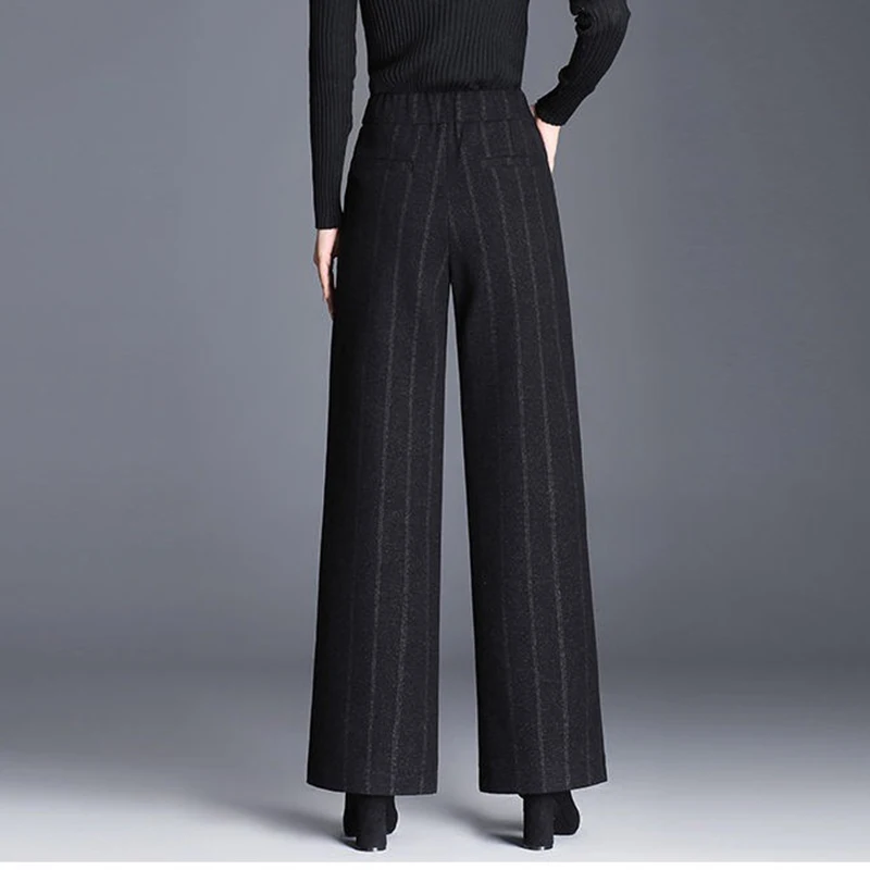 Женские брюки с широкими штанинами повседневные теплые прямые в полоску высокой