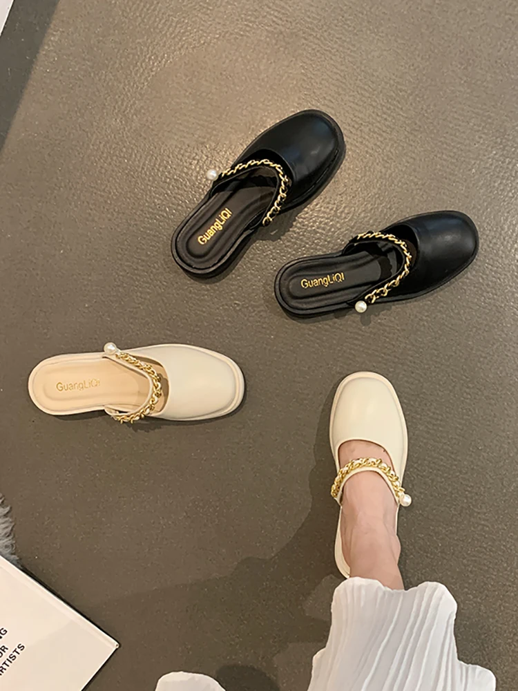 

Slippers Casual Mules For Women 2021 Med Female Shoes Slides Cover Toe Square heel Luxury New Summer Block Flat Rome Rubber PU H