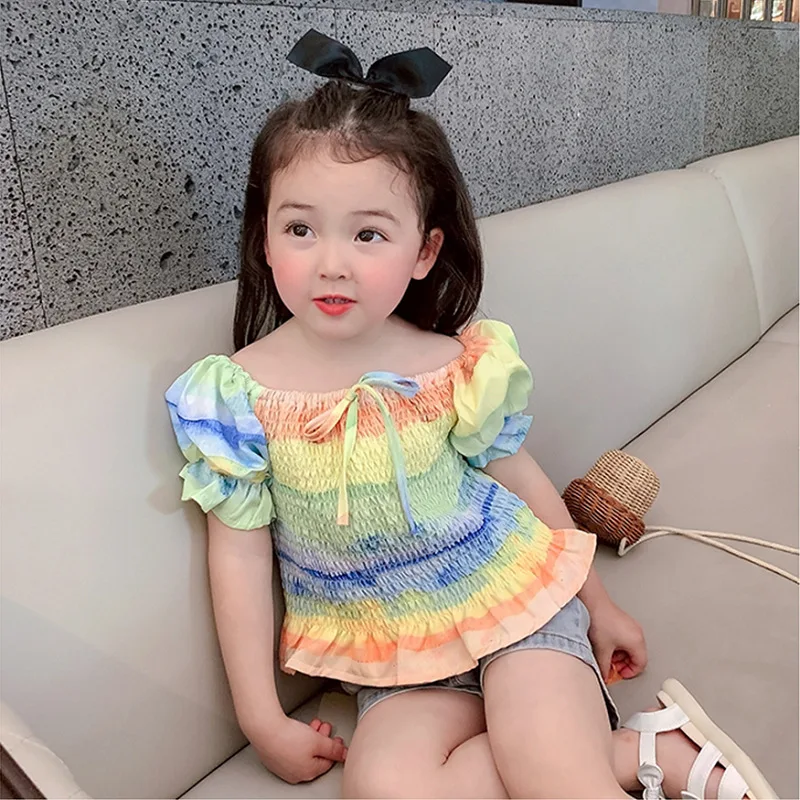 Rainbow Girls Blouses Top Summer Sweet shirt 1-6T Cute Princess Tight Puff Sleeve Fashion Blouse Fille | Мать и ребенок