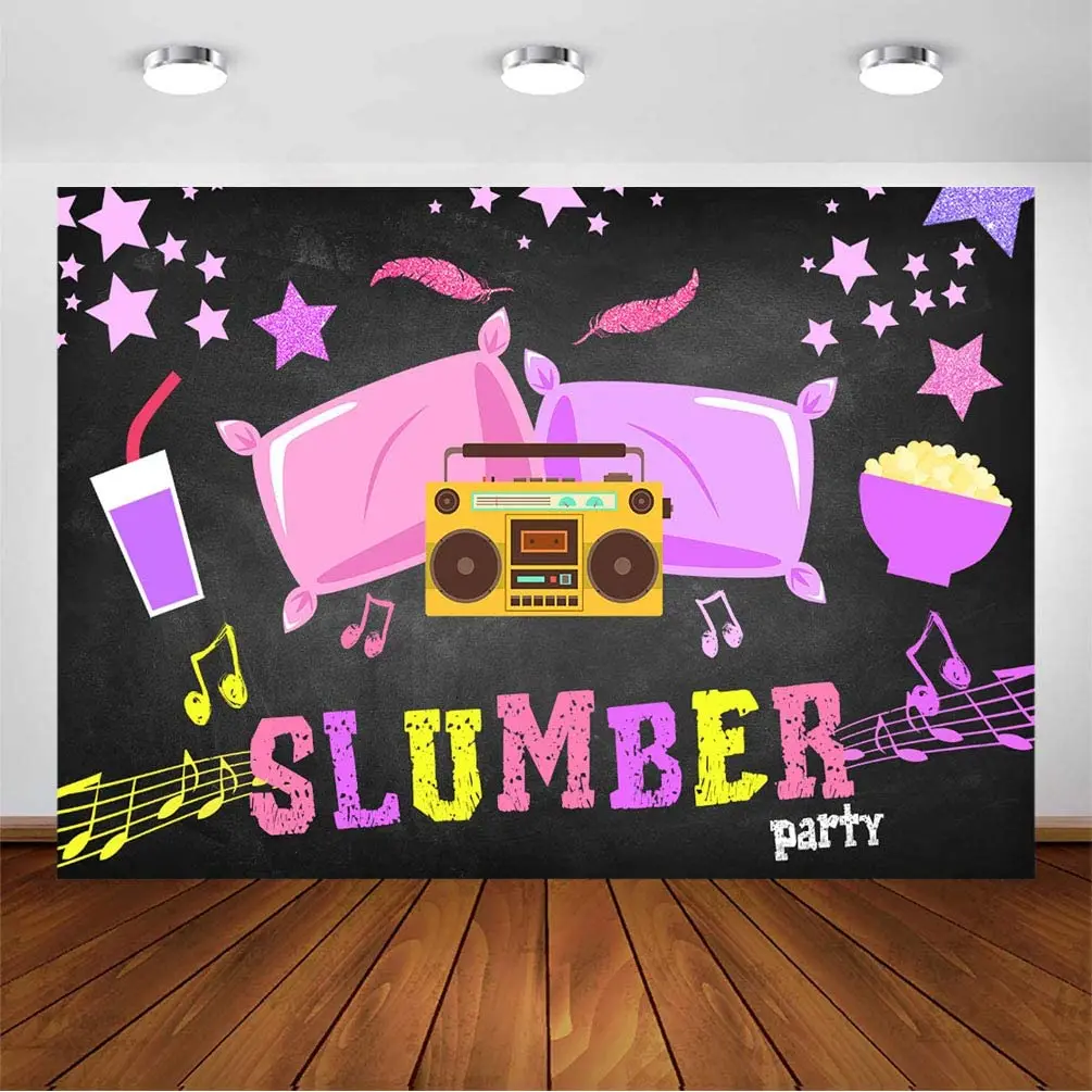 Girl Sleepover Party Photo Background Design Slumber Parites Banner for Decoration Pillow Radio Birthday Theme Backdrop
