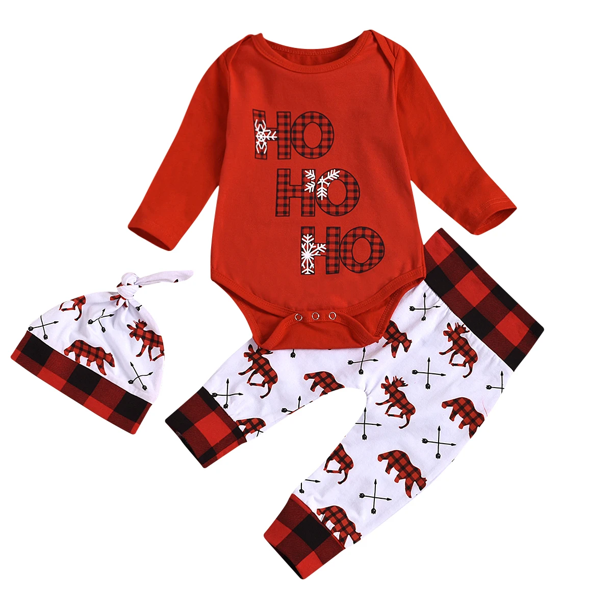 

Infant Newborn Baby Snow Cartoon Print Long Sleeve Romper Animal Print Pants Hat 3PCS Xmas Christmas Clothes Set