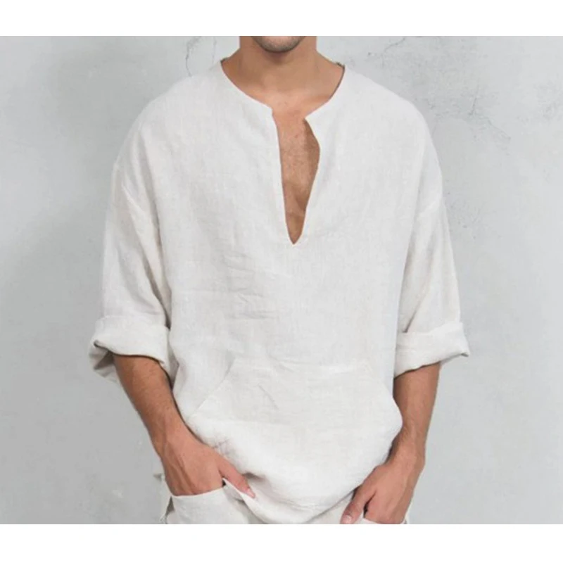

Men's T-shirt Middle East Ethnic Style Open Neckline Linen Horn Long Sleeve Loose For Casual Freedom Mens Daily Shirts