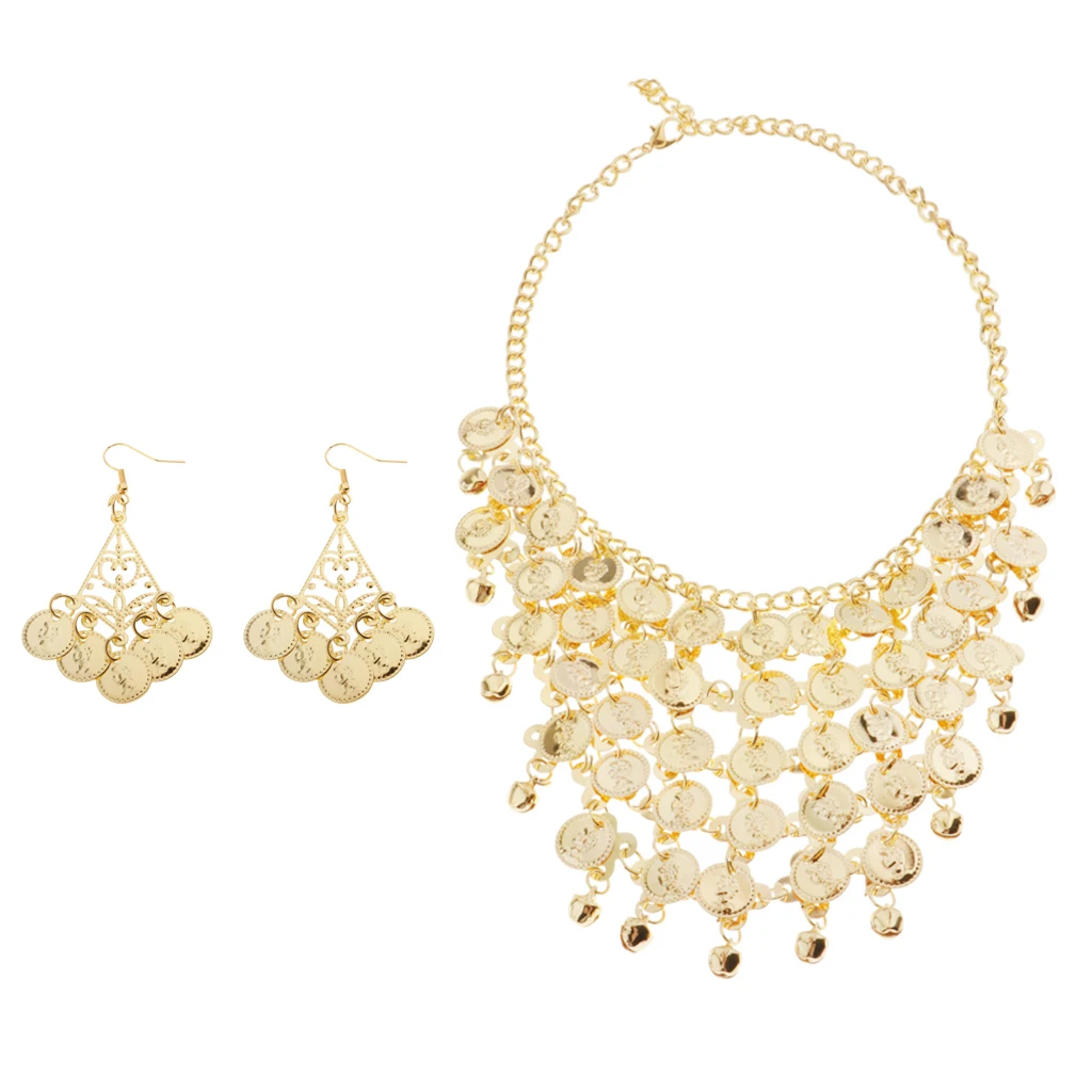 

Adults Belly Dance Jewelry Gold Coin Necklace Earrings Gypsy Party Dancewear