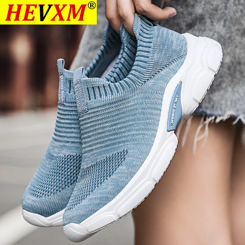 

Женские кроссовки для бега, прогулочная обувь, новинка, сетчатые дышащие вязаные женские модные кроссовки, мягкие лоферы на платформе без з...