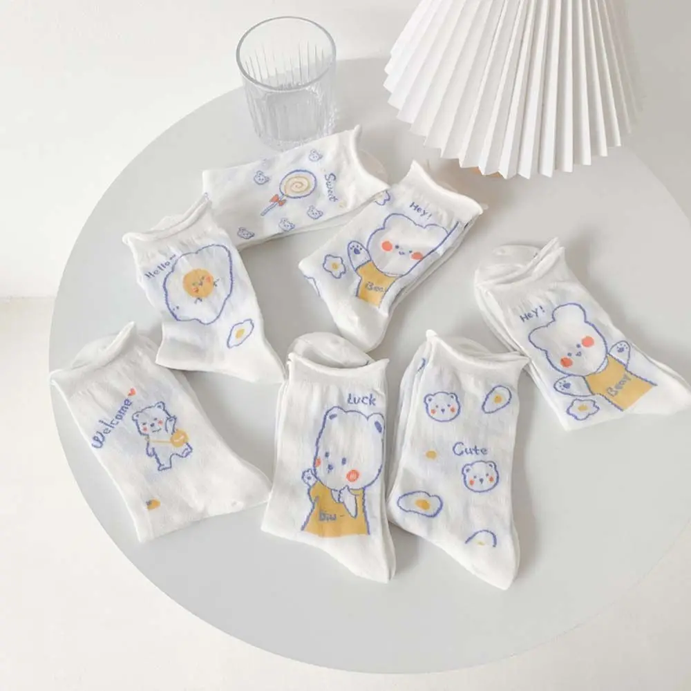 

Female Summer Mesh Thin Socks Tide Cute Japanese Cartoon Bear Middle Tube Cotton Trendy Socks Korean Students Curled Pile Socks