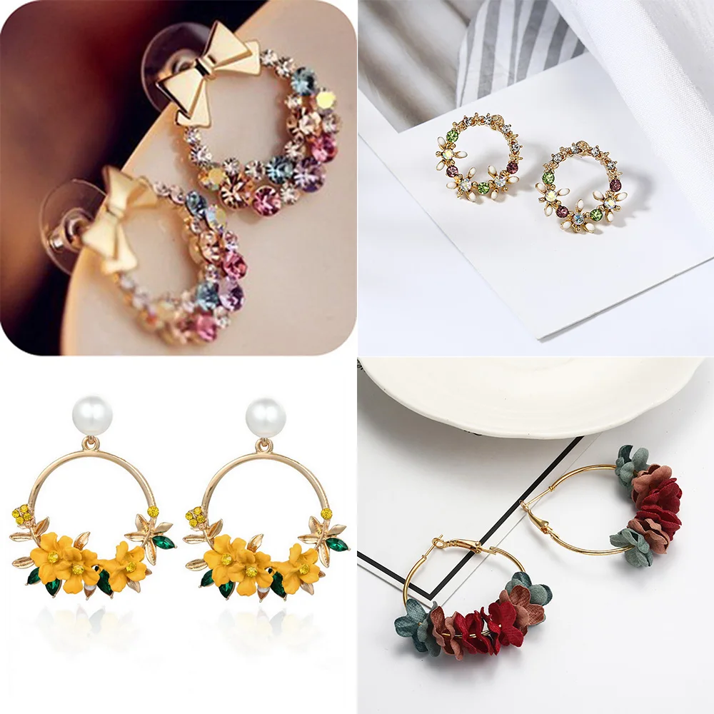Trendy Cute Pink Flower Earrings For Women Girls Jewelry Female Rhinestone Gold Metal Round Circle Drop Gifts Brincos | Украшения и
